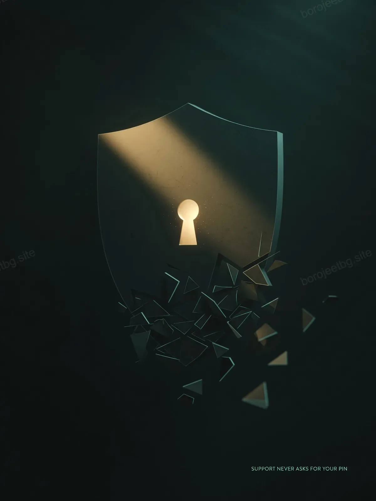 Dark shield with a glowing keyhole breaking apart, warning that BoroJeet support never asks for your PIN